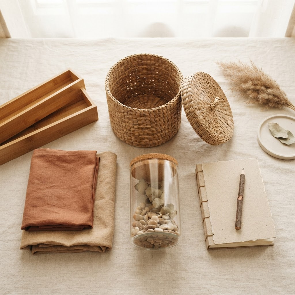 Natural organisation materials: rattan basket, bamboo dividers and folded linen