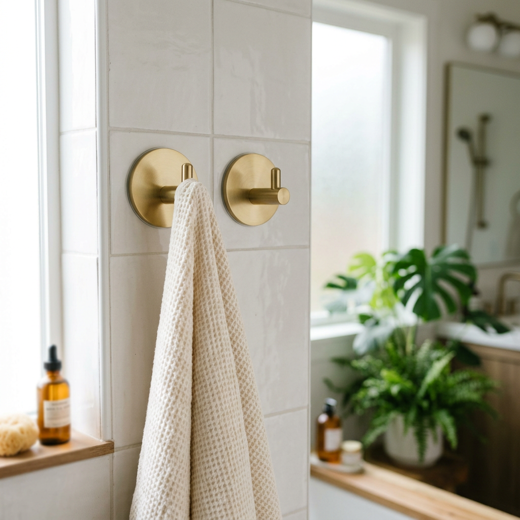 Brushed gold suction hooks holding a towel in a bright bathroom