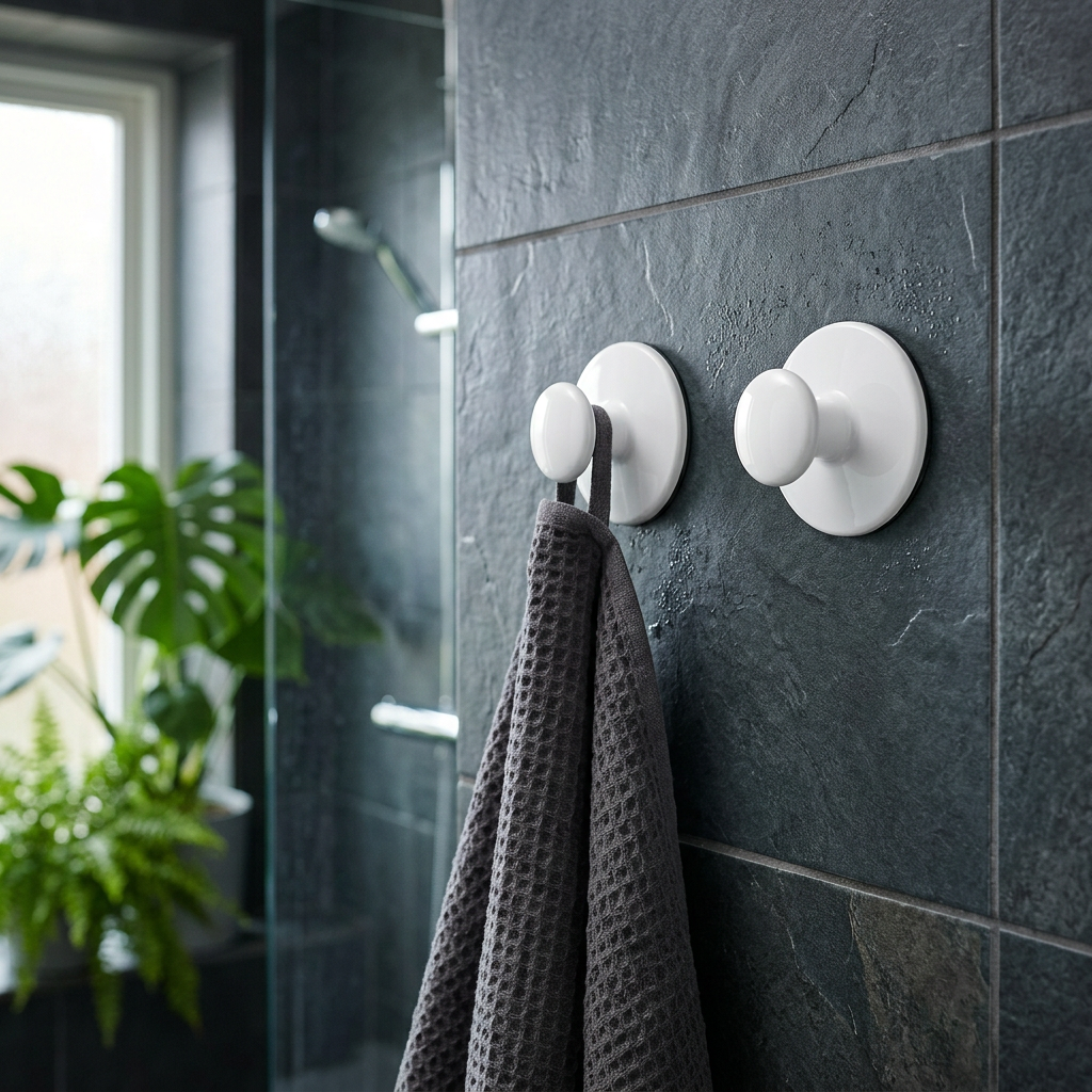 Glossy white suction hooks on dark slate tiles