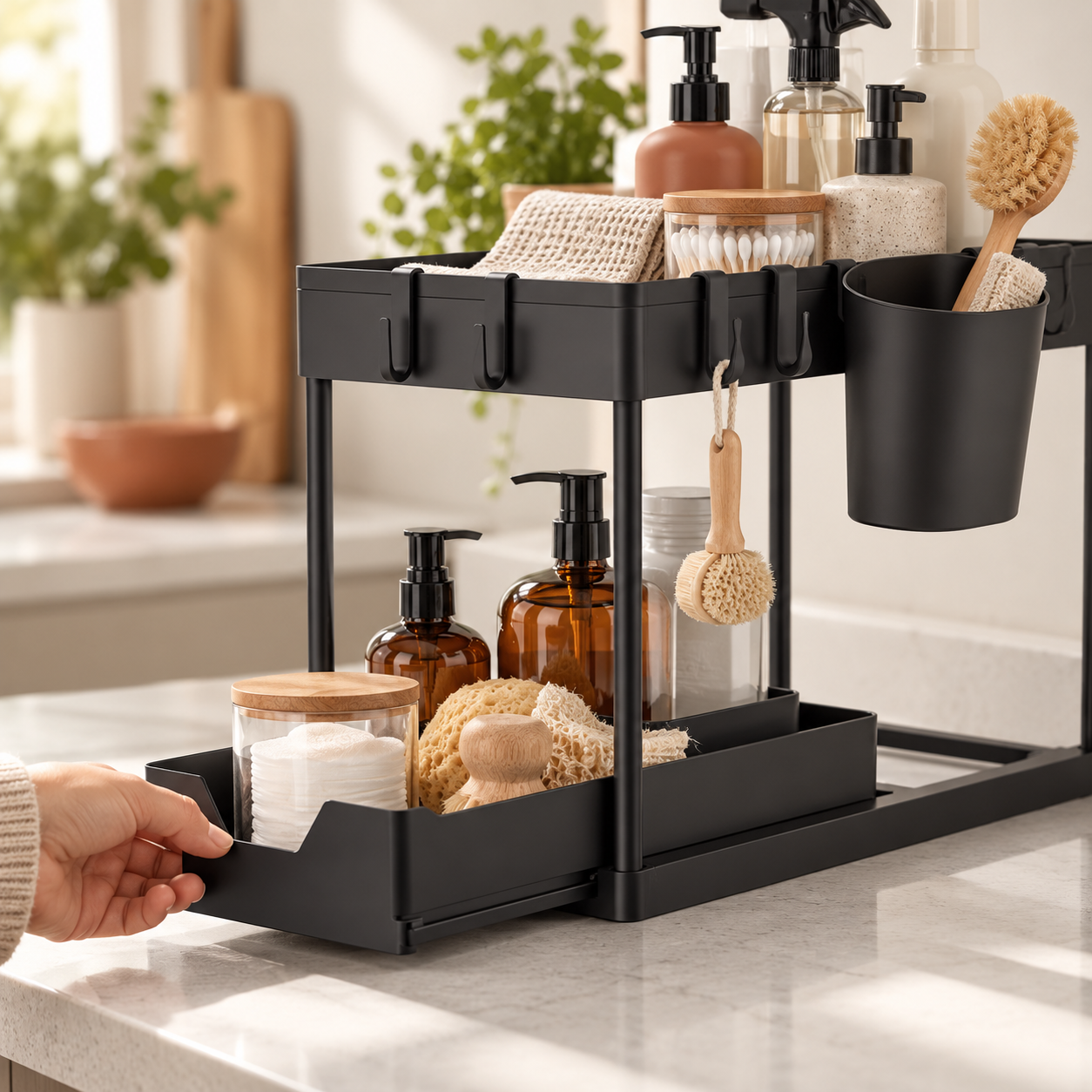 A hand sliding out the lower tray of the Pull Out Under Sink Organiser